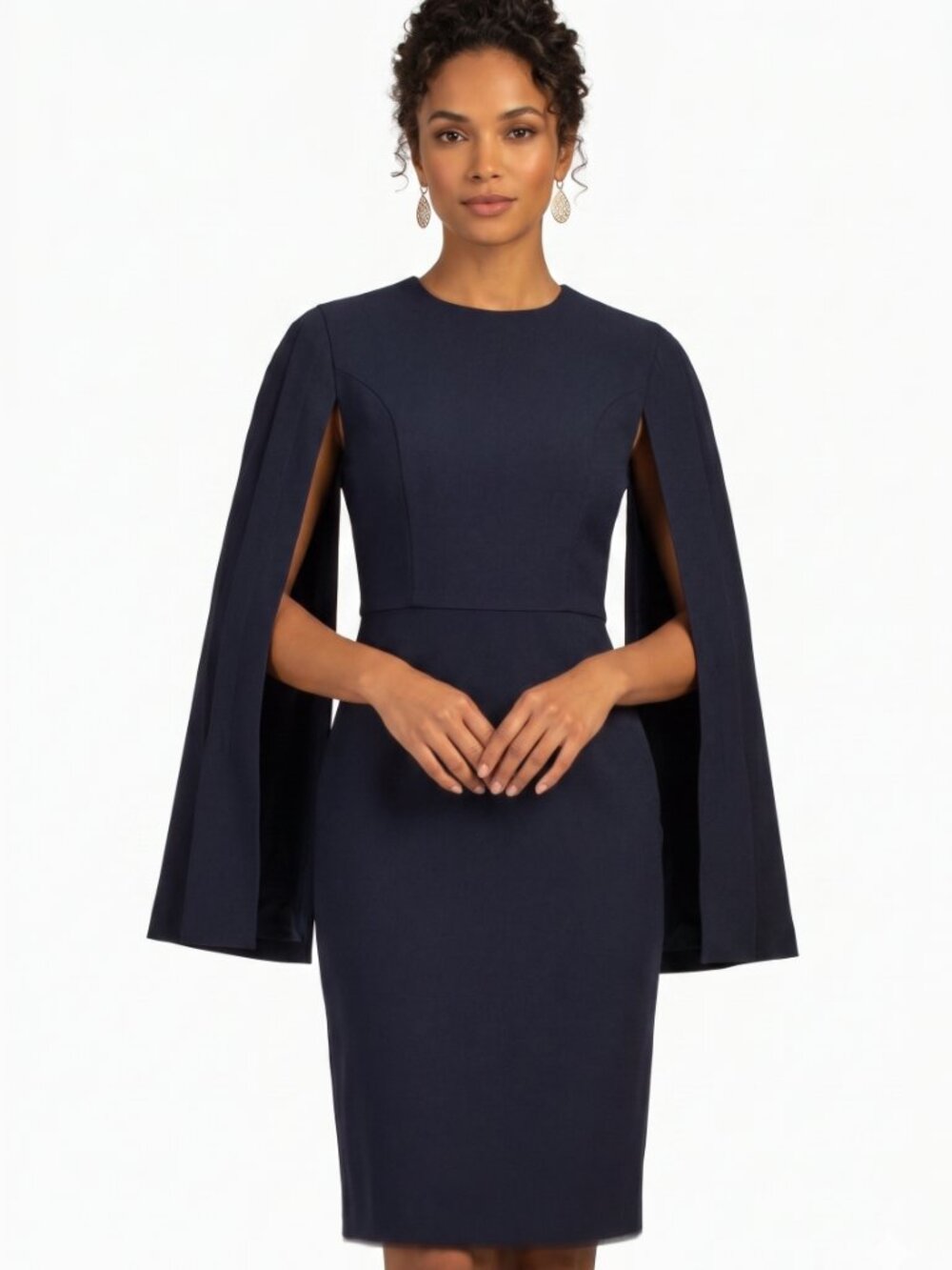NWT Trina Turk Navy Cape Sleeve Sheath Dress 8 Midi Cocktail Wedding Guest